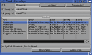 Trefferliste bei mehrdeutigem Ortsnamen